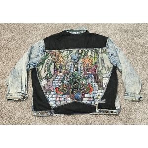 Vintage 80s Abstract Monsters Painted BonJour Denim Jean Jacket Mens Large L Art